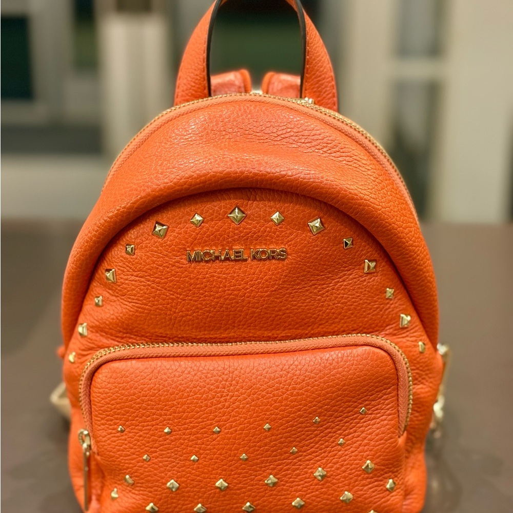 Michael Kors Mini Studded Backpack & Mini Zip Card Case in Poppy & Gold Set